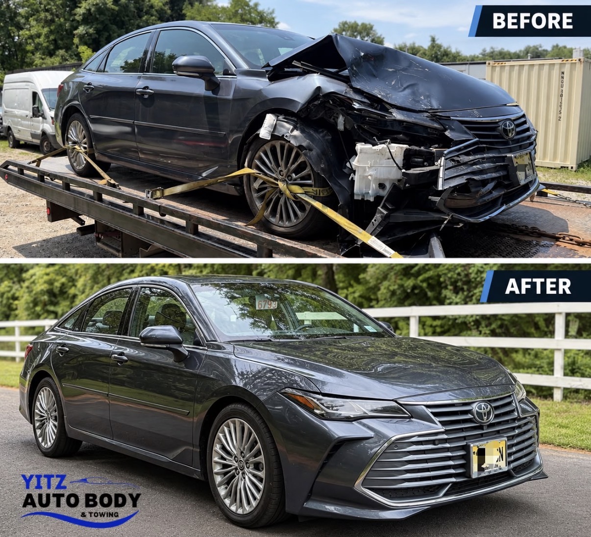 Yitz's before-and-after photos of a grey Toyota Avalon: damaged on a flatbed, then repaired